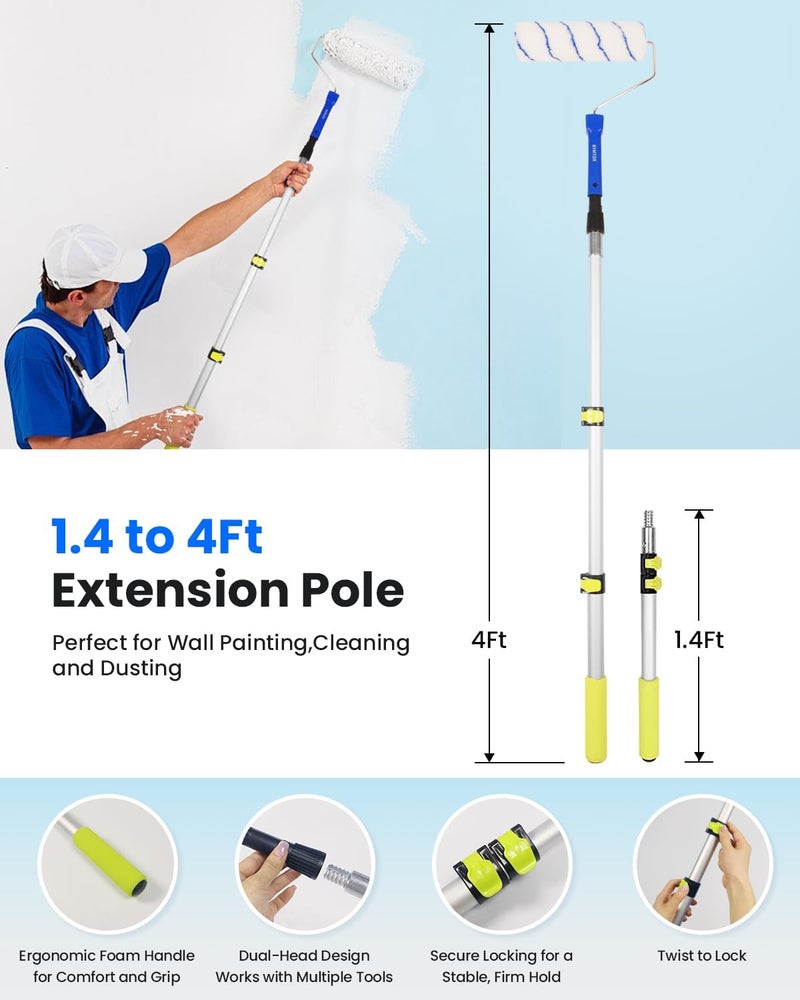Rymtox 33PCS Paint Roller Kit with Extension Pole | 2–4 FT Pole | 9" & 4" Paint Rollers | Carry Bag | 4 Brushes & Tape | Professional Painting Supplies & Paint Brushes Set for Walls Ceilings and Home - Image 2